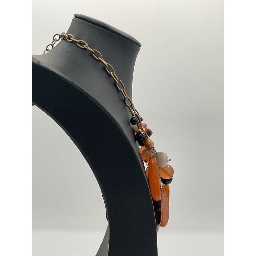 Chunky Statement Necklace Faux Tortoiseshell & Amber Beads On Gold-Tone Chain - Picture 3 of 4